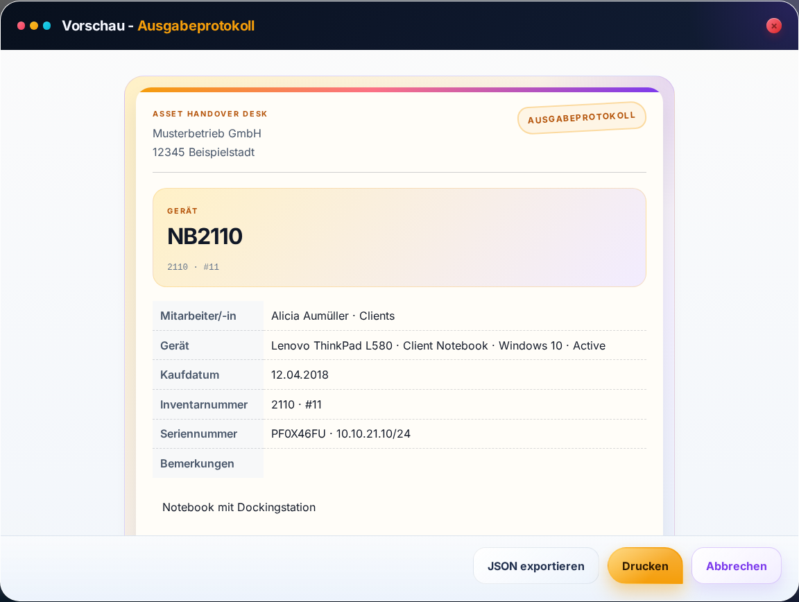 v3 Druckvorschau eines Ausgabeprotokolls mit Geräte- und Mitarbeiterdaten