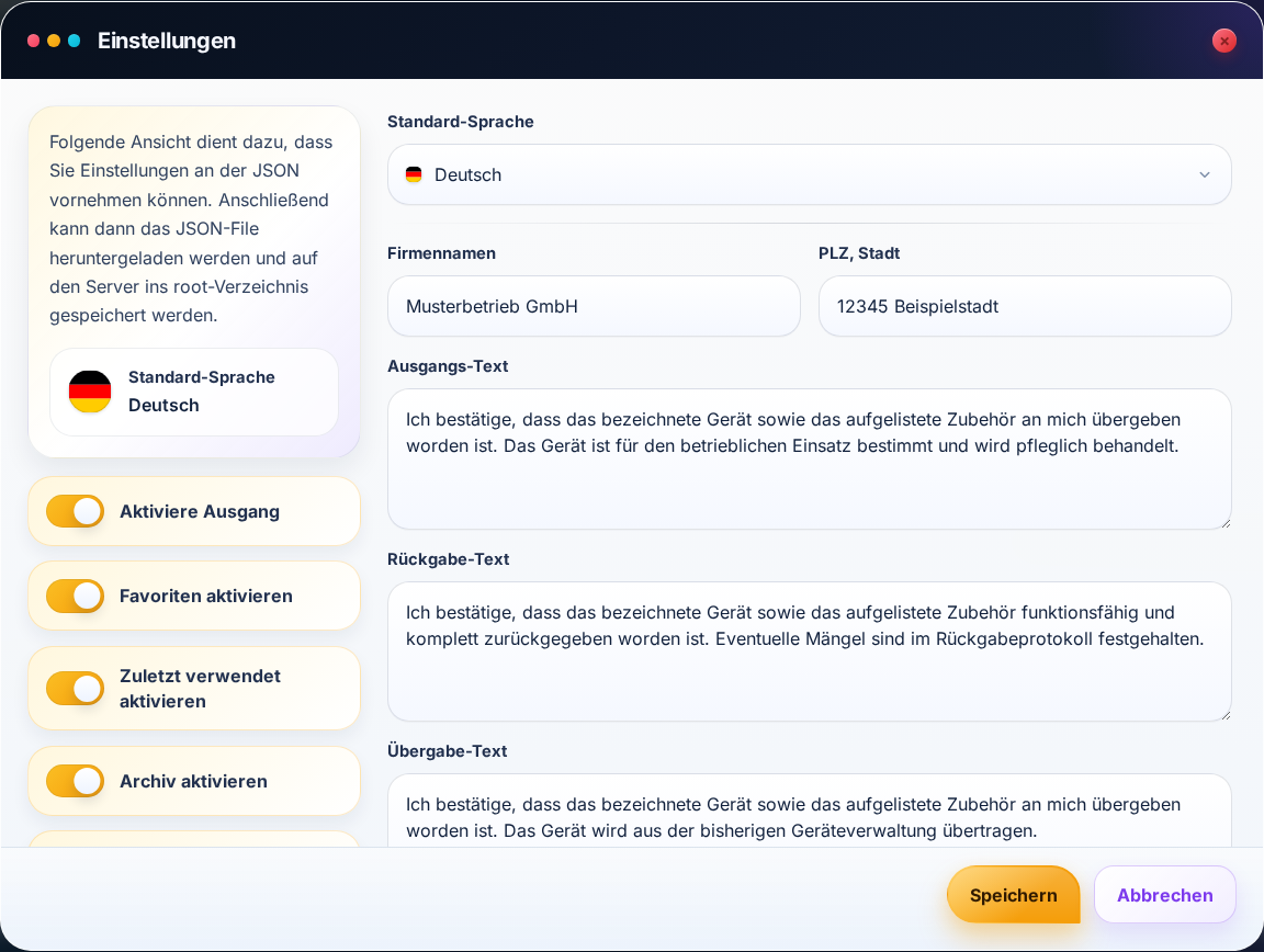 v3 Einstellungsdialog mit aktivierbaren Protokolltypen, Bibliotheksfunktionen und Sprachen