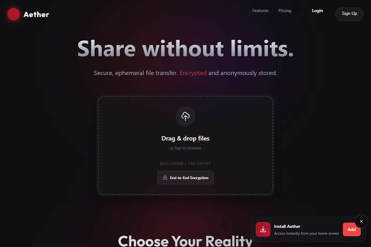 Aether: Sicherer, ephemerer Dateitransfer – Referenzprojekt Webentwicklung und Design von waldheim.dev