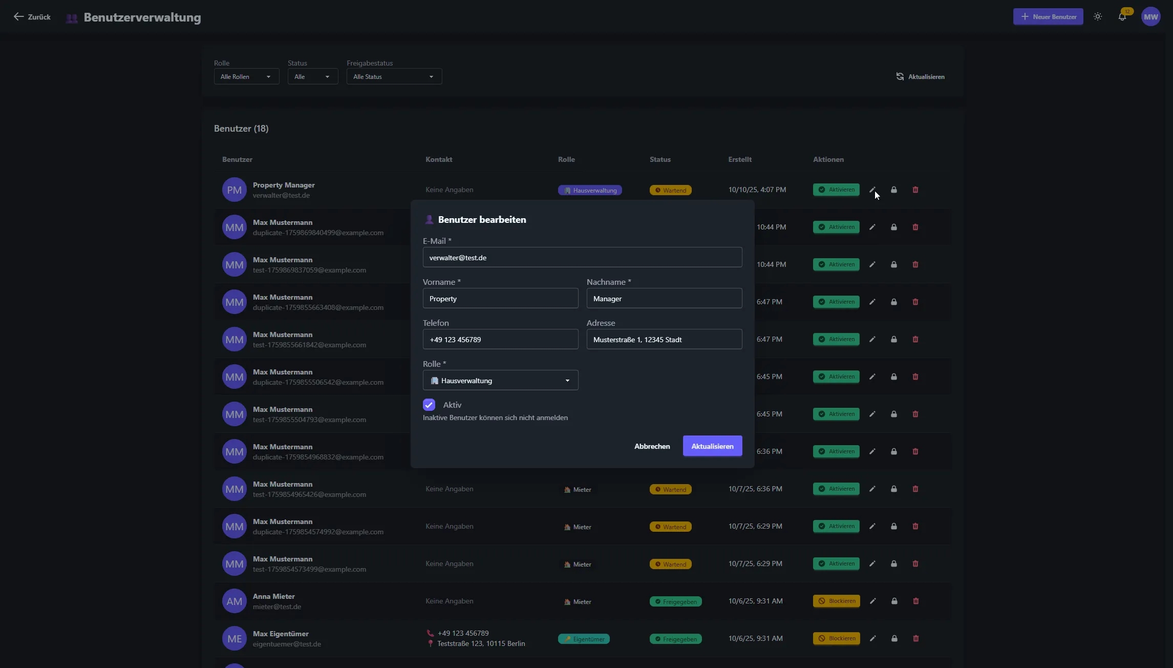 Silvacore Benutzerverwaltung mit detaillierten Ansichten zu Eigentümern, Rechtevergabe und mandantenfähiger Zugriffskontrolle