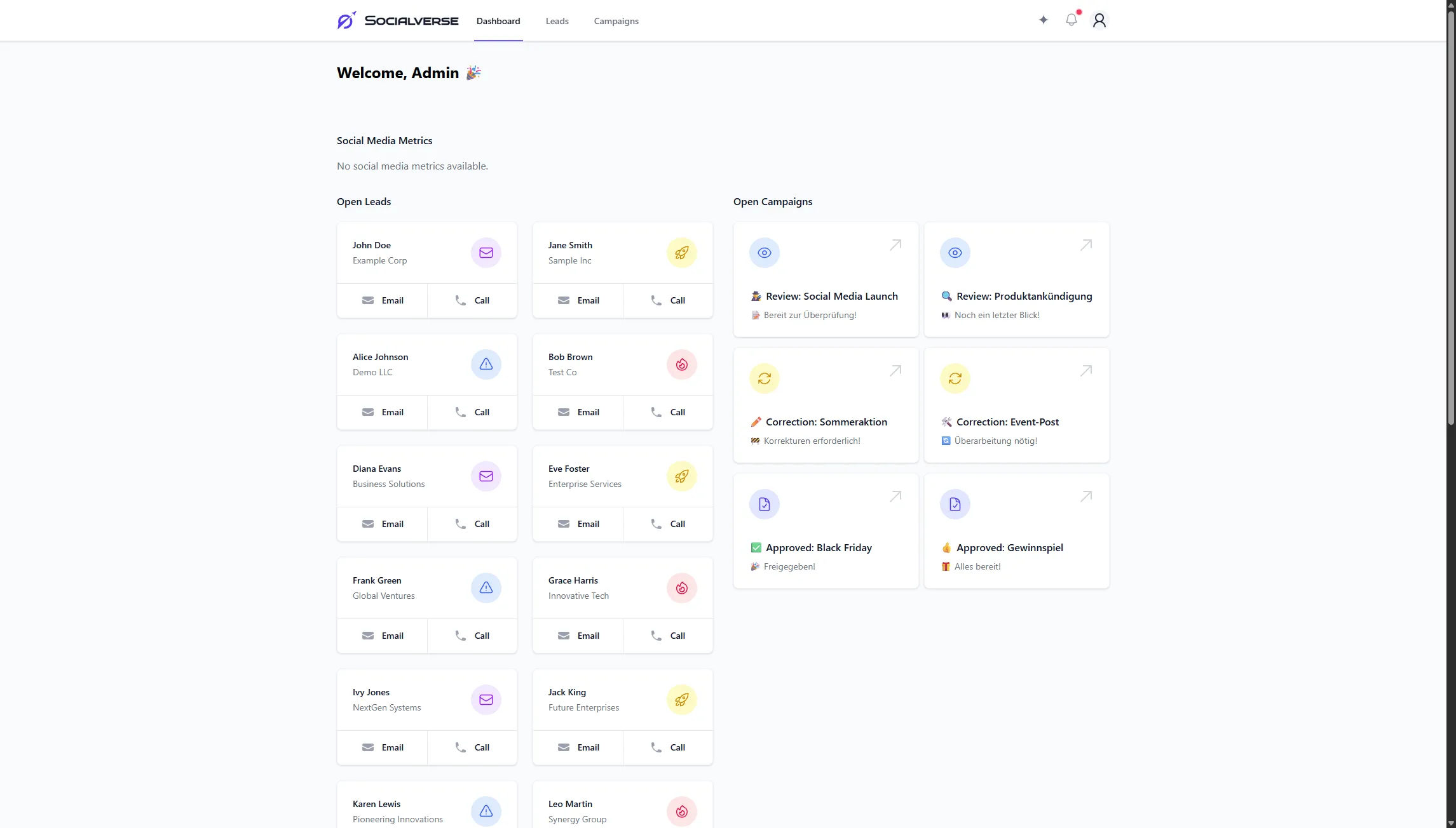 Socialverse Dashboard – KI-gestützte CRM- und Marketing-Automation für Social Media Management