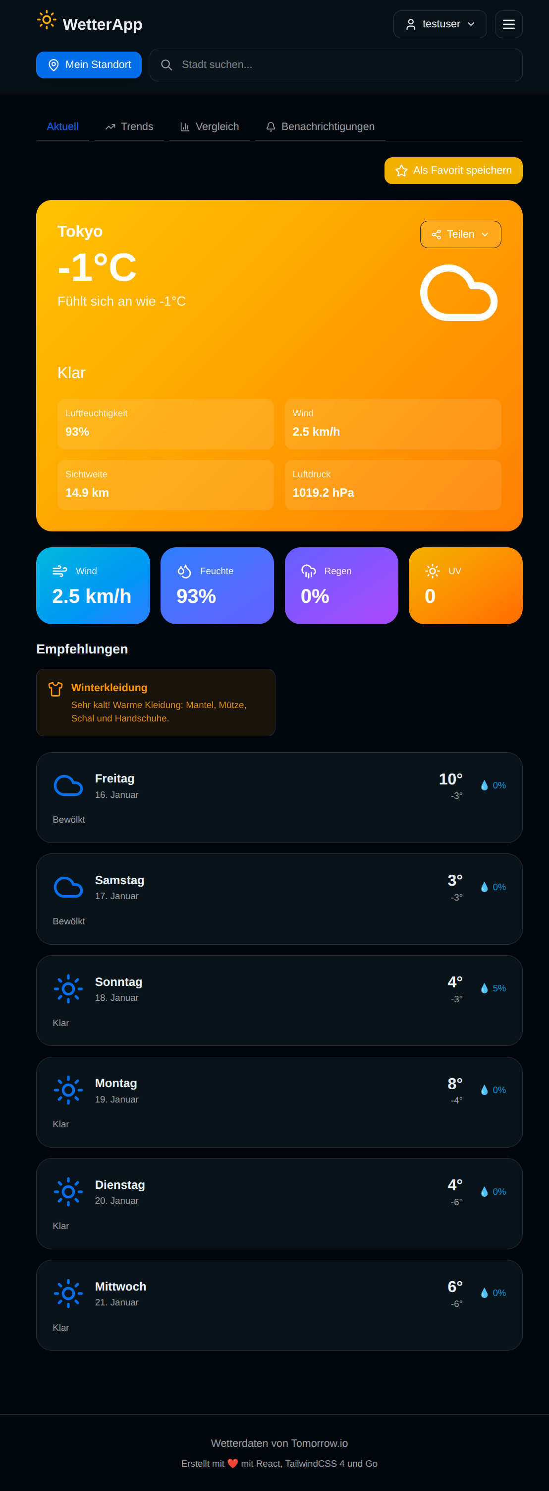 WetterApp Dark Mode mit Echtzeit-Wetterdaten